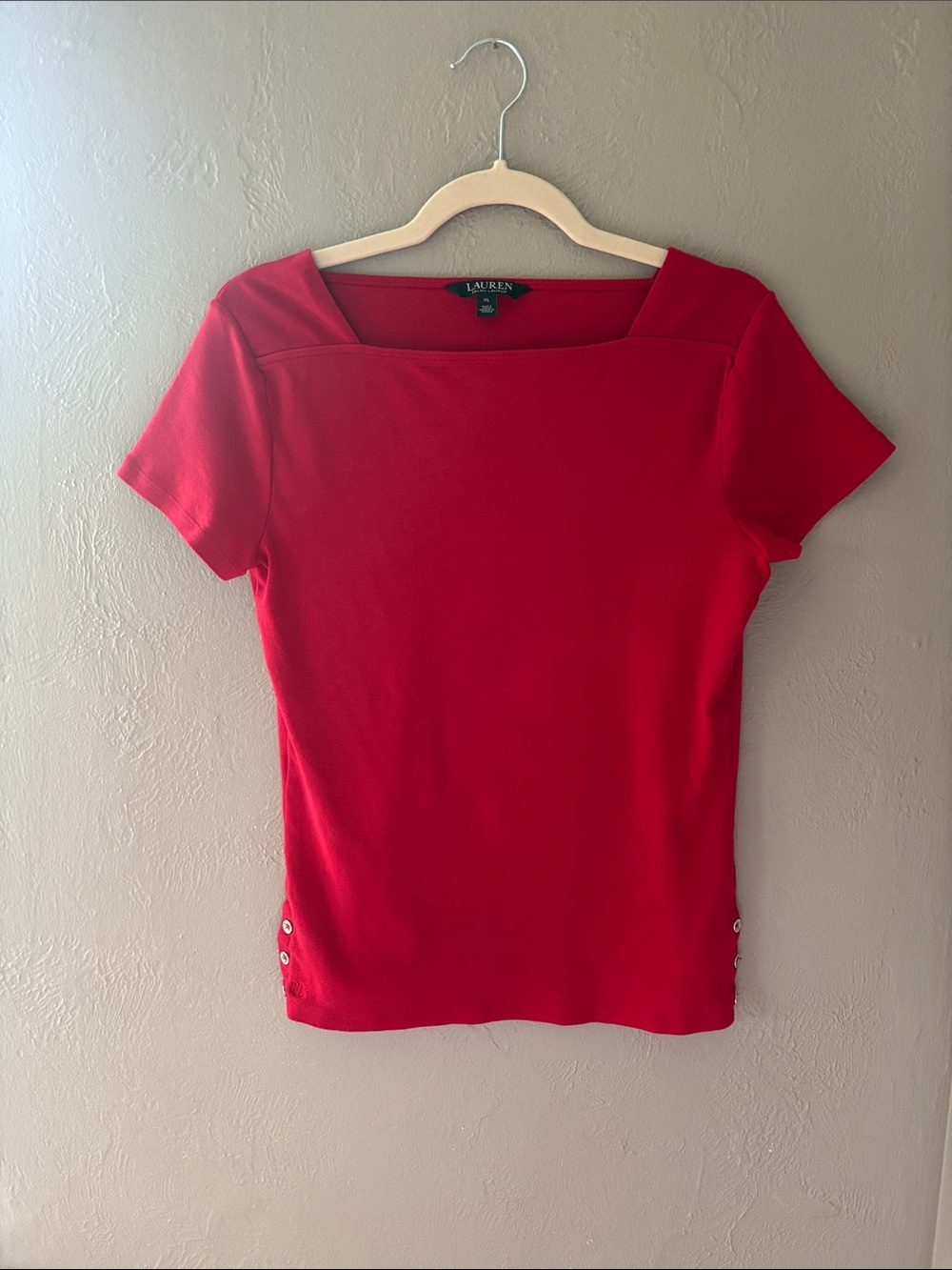 Lauren Ralph Lauren Red Square-Neck Short Sleeve Top with Side Button Detail